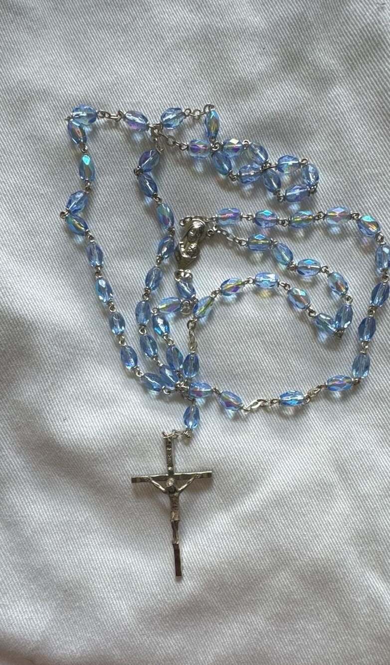 Vintage Blue Aurora Borealis Crystal Faceted Bead Rosary Made in Italy